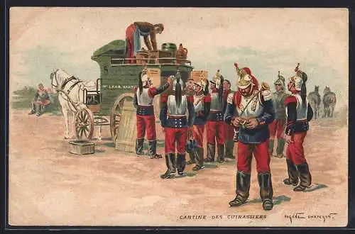 AK Cantine des Cuirassiers, Soldaten der Kavallerie bei der Essensausgabe