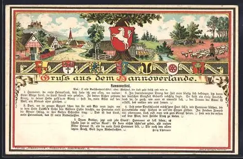 AK Hannoverland, Bienenkörbe, Schäfer mit seiner Schafherde, Lied: Hannoverlied, Wappen