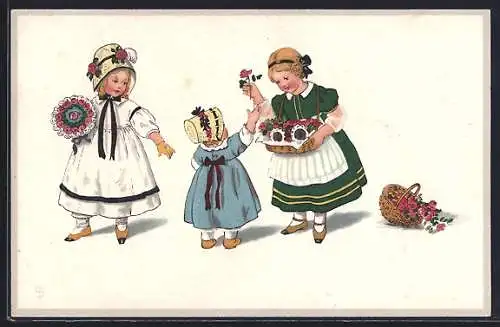 Künstler-AK Lia Döring: Kleines Mädchen bekommt eine Blume, Glückwunsch zum Geburtstag