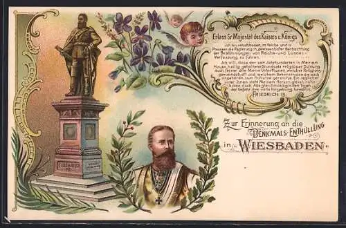 Lithographie Wiesbaden, Enthüllung des Denkmals für König Friedrich III.