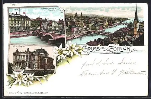 AK Zürich, Gesamtansicht, Stadttheater, Bahnhofsbrücke