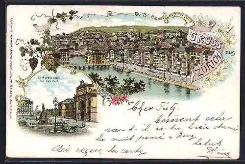 Lithographie Zürich, Gesamtansicht und Escherdenkmal mit Bahnhof