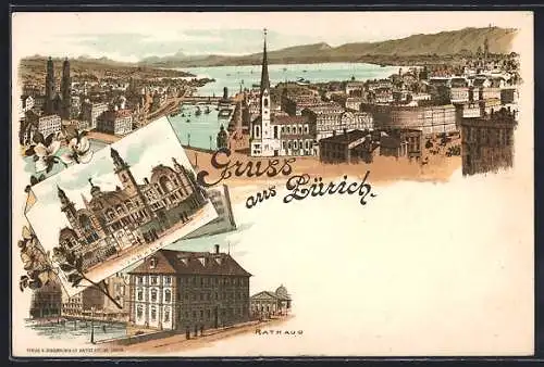 Lithographie Zürich, Totalansicht, Rathaus, Tonhalle