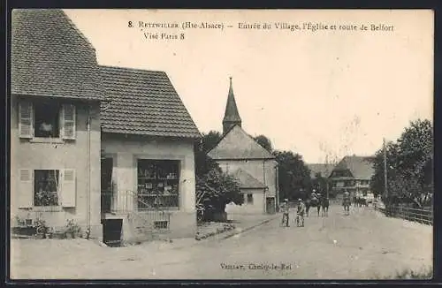 AK Retzwiller /Hte-Alsace, Entrée du Village, l`Église et route de Belfort