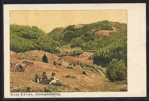 Künstler-AK Hans Thoma: Sonntagnachmittag, Familie liegt auf einer Weide bei Kühen