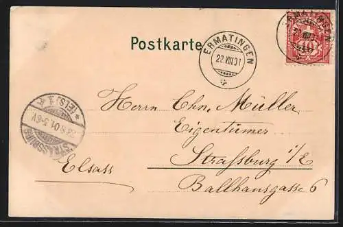 Lithographie Ermatingen, Ortspartie mit Boot