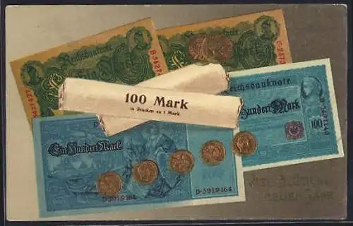 AK Neujahrsgruss, Münz-Geld und Banknoten