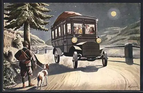 AK Jäger mit Hund und Postwagen, K. K. Automobilpost 1908
