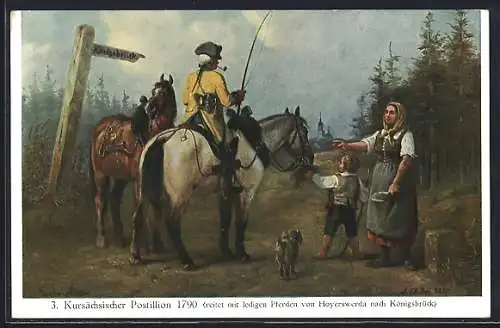 Künstler-AK Sächsische Post, Kursächsischer Postillon 1790 von Hoyerswerda nach Königsbrück