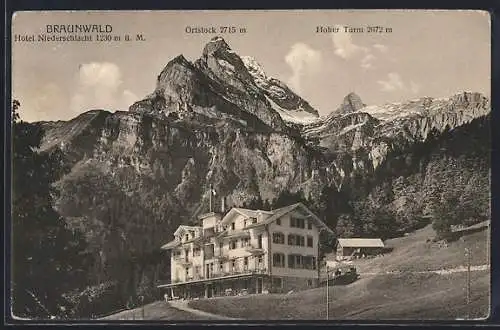 AK Braunwald, Hotel Niederschlacht gegen Ortstock und Hoher Turm
