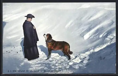 AK Grand St. Bernard, Avant le Départ, Geistlicher mit Bernhardiner