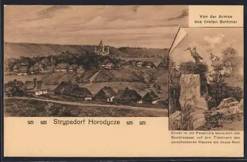 AK Horodycze an der Strypa, Gesamtansicht, Storch