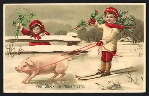 AK Kind auf Skiern wird von einem Schwein gezogen, Klee, Neujahr