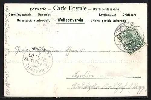 Lithographie Zwei Hühner jagen einen Maikäfer, Pfingstgruss