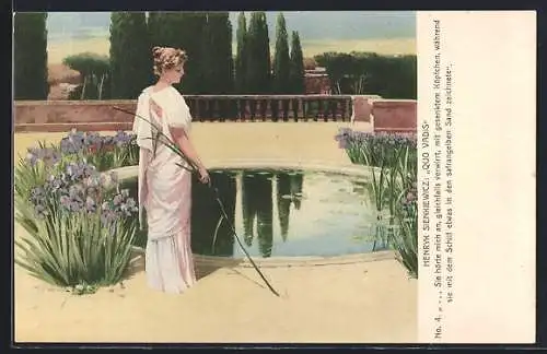 AK Antike Quo Vadis, Junge Frau in antikem Kleid zeichnet mit Schilf etwas in den safrangelben Sand