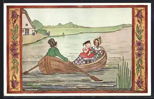 Künstler-AK Rie Cramer: Schuitje varen, Familie in einem Ruderboot