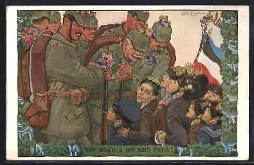 AK Abreise von Soldaten in Uniformen, Soldatenjungen, Wir mög`n a mit nach Paris!