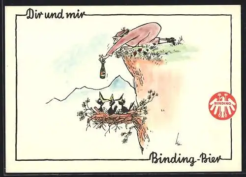 AK Binding-Bier, Ältere Frau lässt Bierflasche in ein Adlerhorst fallen