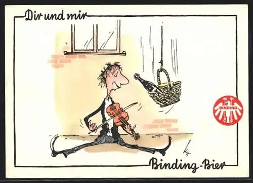 AK Brauerei-Werbung, Binding-Bier, Mann mit Geige unter dem Fenster, bekommt ein Bier