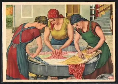 AK Wäscherinnen, Reklame für Indanthren Farben