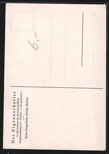 Künstler-AK Berlin-Charlottenburg, Restaurant Der Zigeunerkeller, Musiker mit Geige