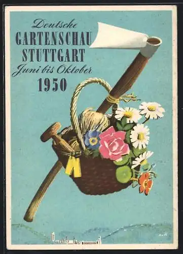 AK Stuttgart, Ausstellung Deutsche Gartenschau 1950, Korb mit Blumen