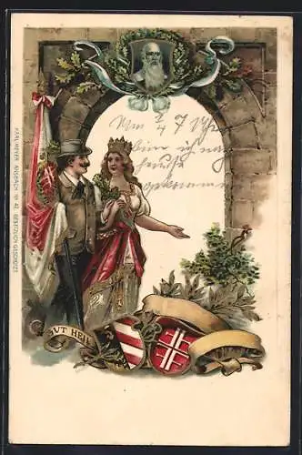 Lithographie Germania und Turner mit Fahne & Portrait Turnvater Jahns