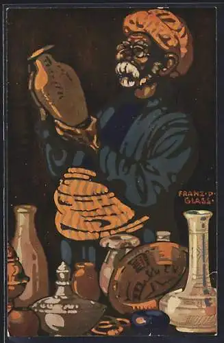Künstler-AK sign.: Franz Glass, Händler mit Turban prüft eine Vase, Ausstellung München 1910