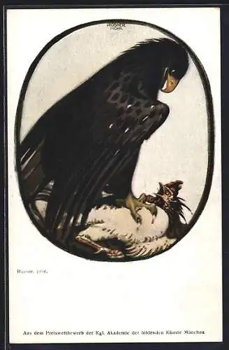 Künstler-AK Adler triumphiert über Hahn, Propaganda 1. Weltkrieg