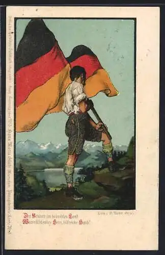 AK Mann in altdeutscher Tracht mit deutscher Fahne vor Bergpanorama