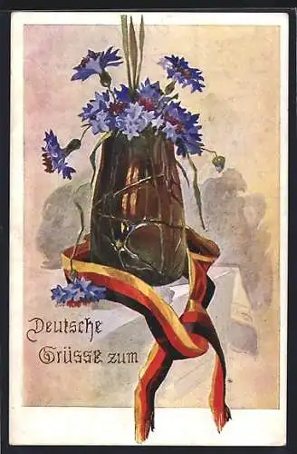 AK Blumenvase mit schwarz-rot-goldener Schleife, Deutsche Grüsse..., Bund der Deutschen in Nieder-Österreich