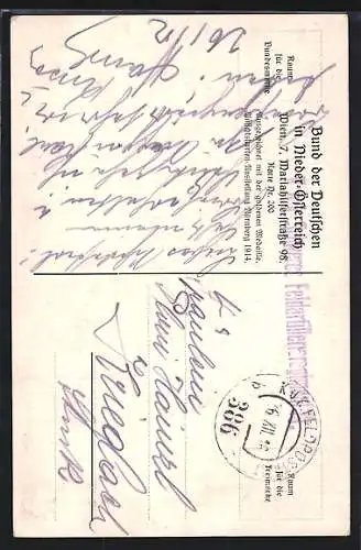 AK Blumenvase mit schwarz-rot-goldener Schleife, Deutsche Grüsse..., Bund der Deutschen in Nieder-Österreich