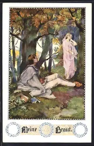 Künstler-AK A. Marussig: Mann beobachtet seine Braut im Wald