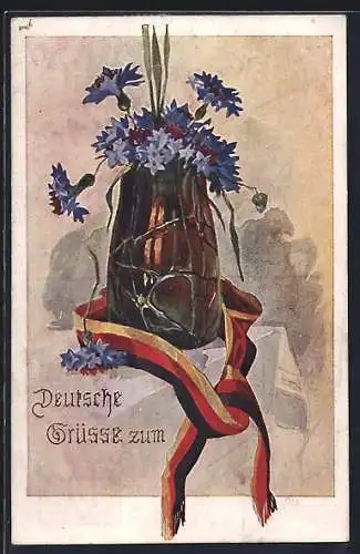 Künstler-AK Deutsche Grüsse zum ..., Vase mit Kornblumen