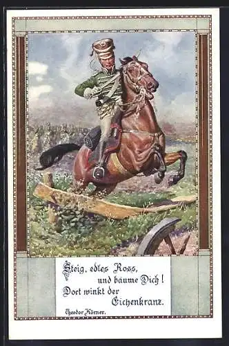Künstler-AK Franz Kuderna: Soldat springt mit seinem Pferd über eine Barriere
