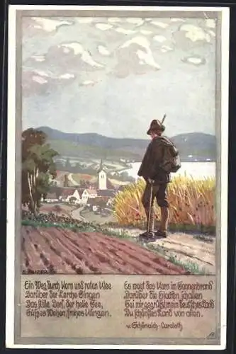 Künstler-AK Ernst Kutzer: Wanderer blickt auf eine Ortschaft