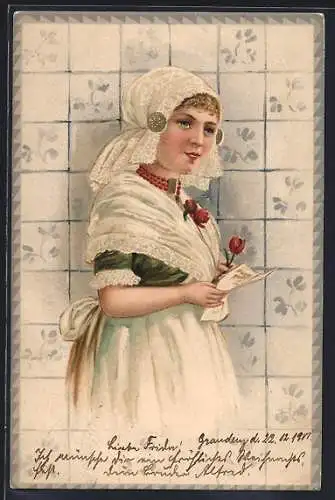 AK Holländerin mit Blume und Brief