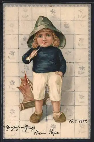AK Niederländisches Kind mit Pfeife