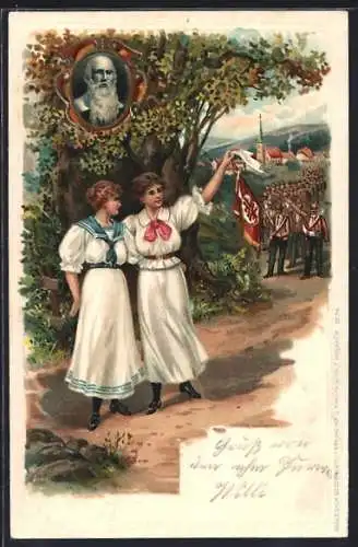 Lithographie Turnvater Jahn, Turner Parade, Frauen winken mit Fahne