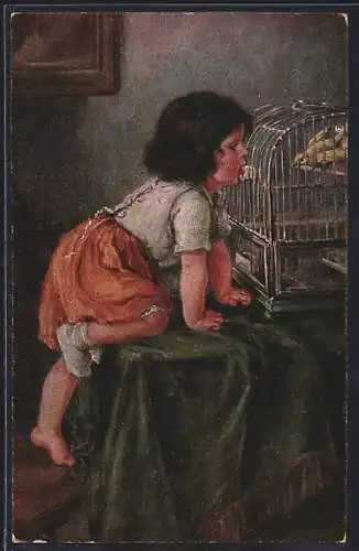 Künstler-AK K. Barth: Leckermäulchen, Kleines Mädchen spricht mit ihrem Vögelchen