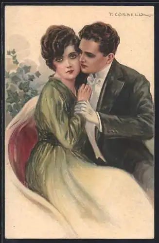 Künstler-AK T.Corbella: Liebespaar sitzt auf einer Bank