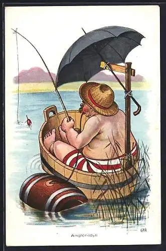 Künstler-AK H. Zahl: Angler angelt in Badekleidung aus einer Tonne heraus