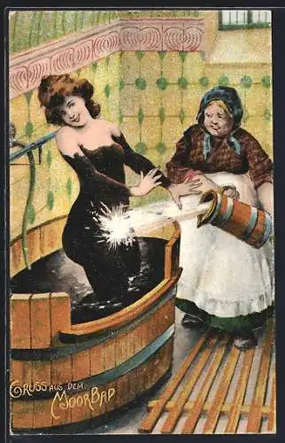 AK Moorbad, nacktes Fräulein wird vom Schlamm befreit