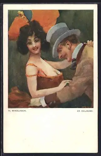 Künstler-AK sign. H. Mikolasch: Za Kulisami, Kavalier starrt in Ausschnitt von Tänzerin