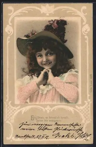 Lithographie Ein Gruss, so freundlich bestellt..., Mädchen mit Hut