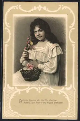 Lithographie Duftende Blumen will ich Dir schenken..., Mädchen