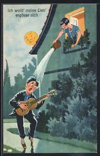 AK Frau kippt vom Fenster über Gitarrenspieler nachts Wasser aus, Mond mit Gesicht