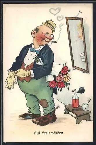 Künstler-AK Mann in Lumpen mit Blumenstrauss, Auf Freiersfüssen