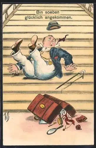 Künstler-AK Willi Scheuermann: Mann mit Koffer ist auf der Treppe ausgerutscht
