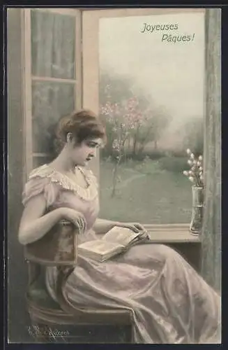 Künstler-AK Wichera: Junge Frau liest am Fenster, Ostergruss